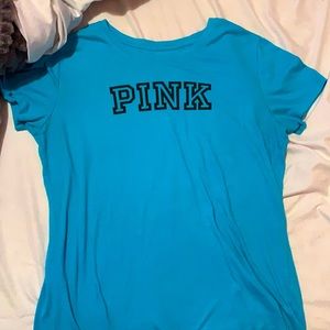 Pink tee shirt/ aqua blue